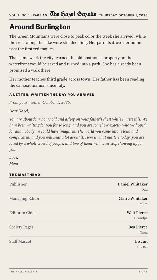 Phone card 5: around town, a letter from Mom and the masthead