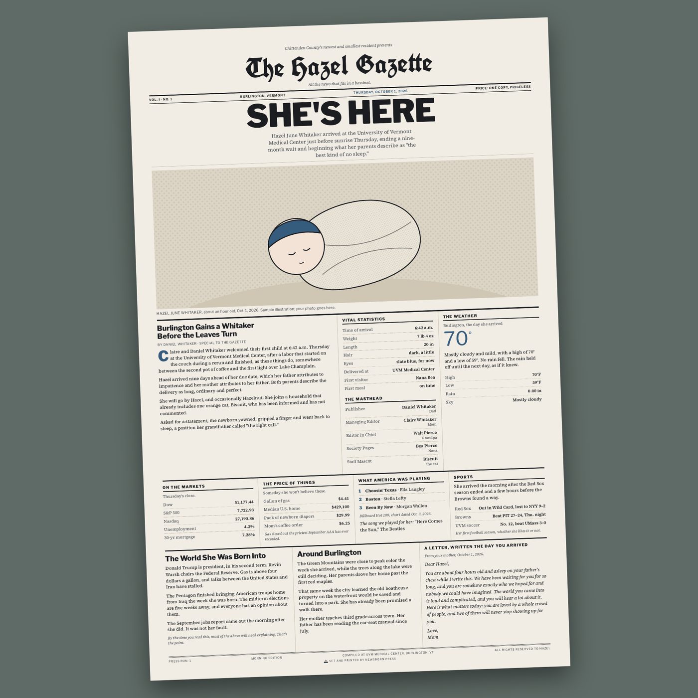 Sample Birth Edition, The Hazel Gazette: nameplate, a SHE'S HERE banner headline, an illustrated swaddled baby, the lead story, vital statistics, weather, markets, prices, the Hot 100, sports and a letter from Mom